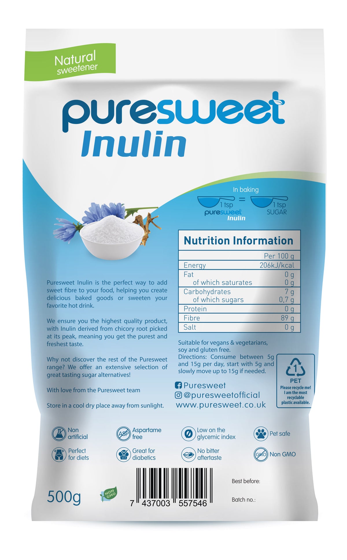 Puresweet® Inulin 500g, Premium Grade Highly Soluble | Puresweet Sweetener
