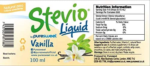 Stevio® Vanilla Flavour Stevia Liquid Drops 100ml, by Puresweet®
